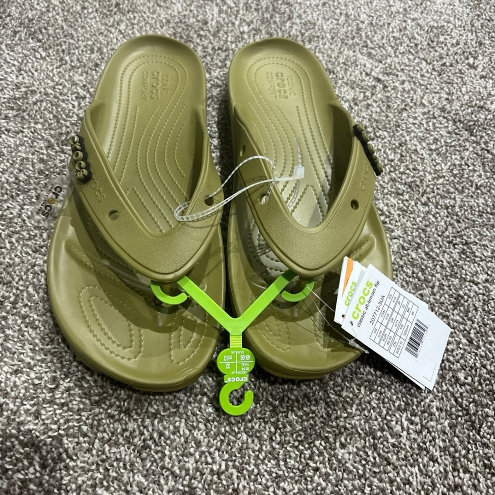 NWT CROCS Khaki Green Flip Flops
